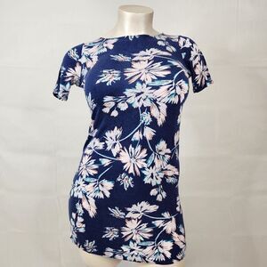 Yumi Kim Anthro Blue Floral Print Short Sleeve Shift Dress Sz XS